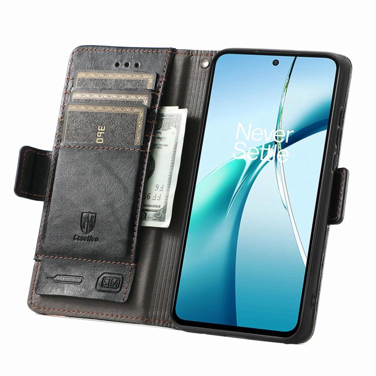 Gray leather phone case with card slots and magnetic closure, front cover open