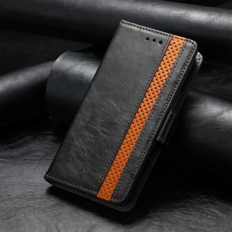Gray leather phone case with orange stitched center panel and magnetic side strap