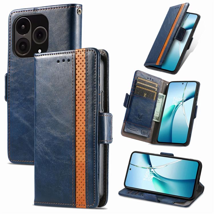 Blue leather phone case with orange trim, dual magnetic buckle and card holder