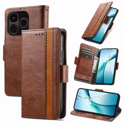 Brown leather phone case with orange stitched stripe, dual magnetic buckle and stand