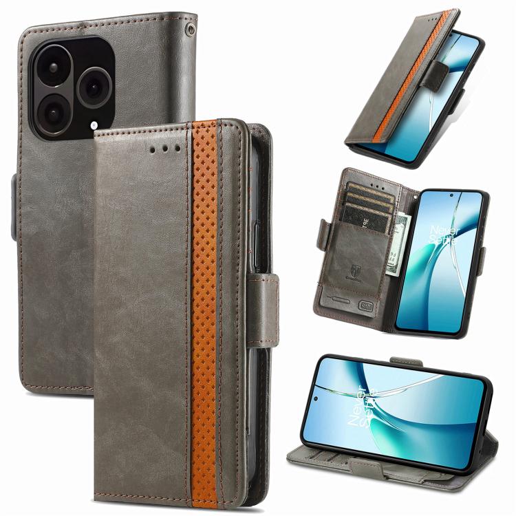 Gray leather phone case with orange trim stripe and magnetic closure with card pocket