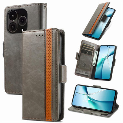Gray leather phone case with orange trim stripe and magnetic closure with card pocket