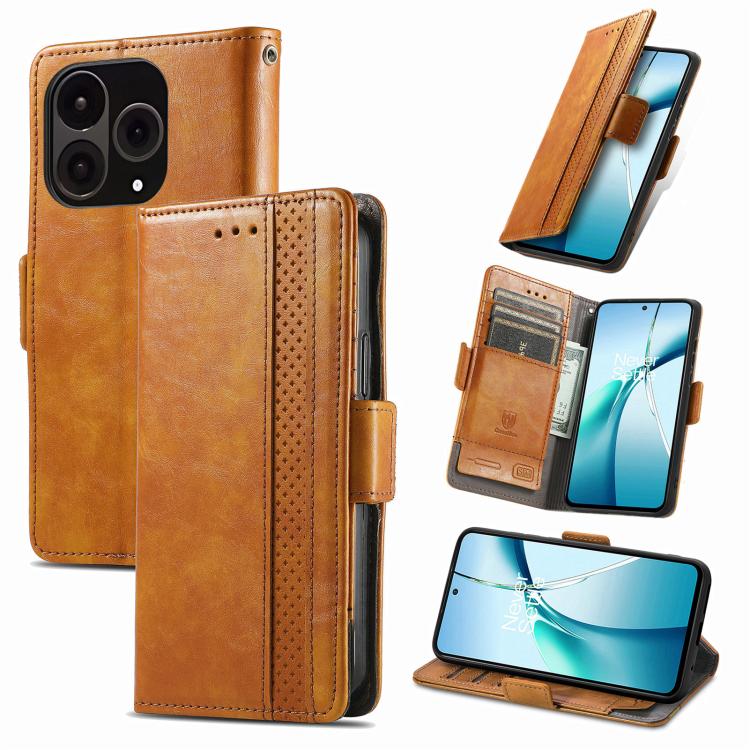Tan leather phone case with orange stitched stripe, dual magnetic buckle and stand
