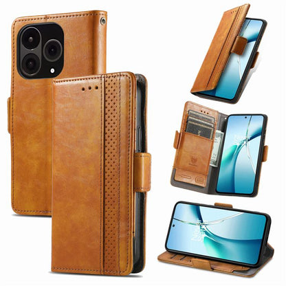 Tan leather phone case with orange stitched stripe, dual magnetic buckle and stand