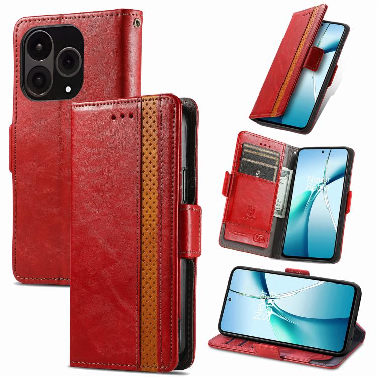 Red leather phone case with orange trim stripe, dual magnetic buckle and card slots