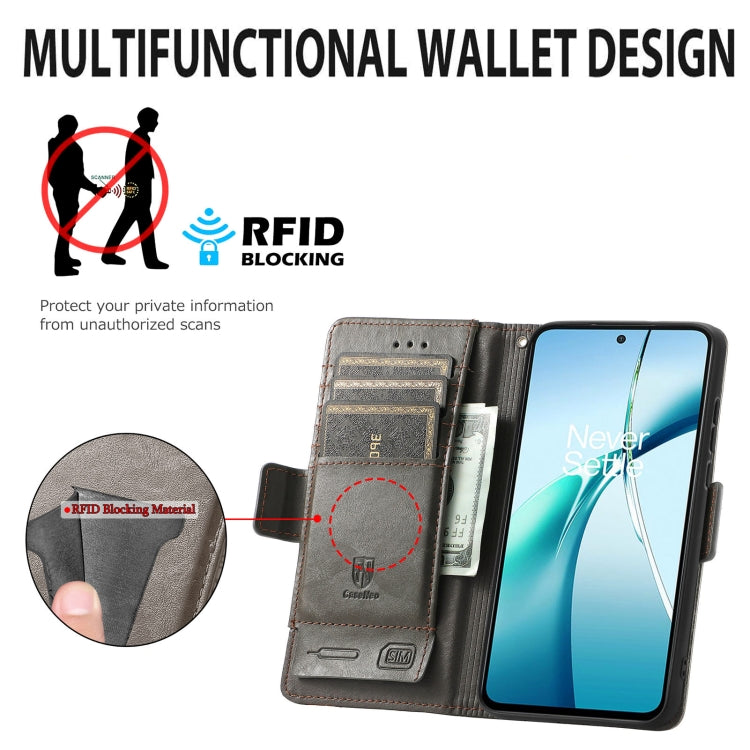 Gray leather wallet phone case with RFID blocking pocket and dual magnetic buckle