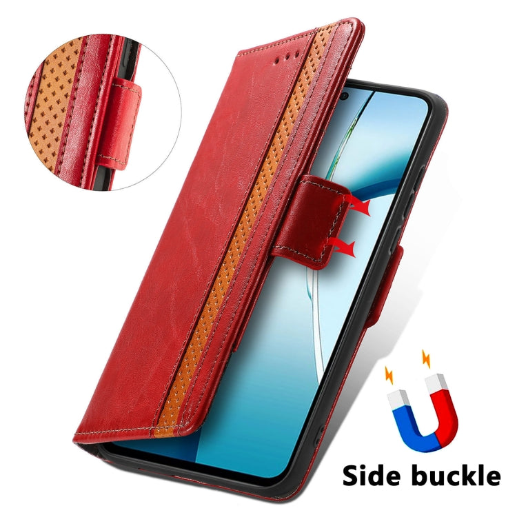 Red leather folio phone case with side buckle closure and card slots