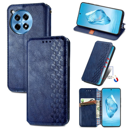 Blue magnetic leather phone case with cubic grid pattern, card slots and kickstand