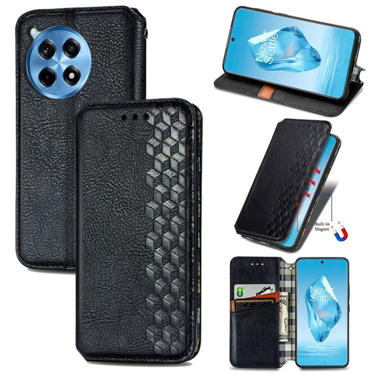 Black magnetic leather phone case with cubic grid texture and card slots