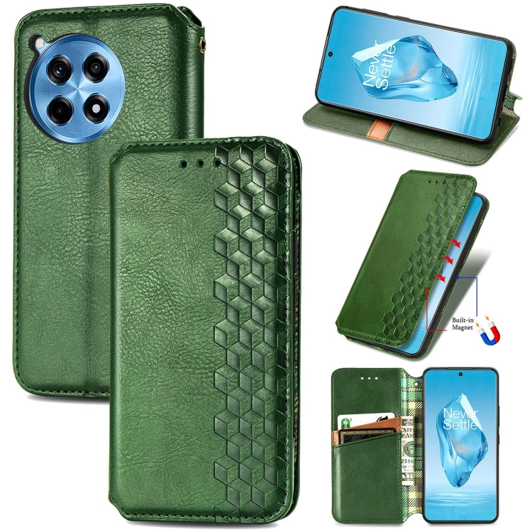 Green magnetic leather phone case with cubic grid embossing, card slots and kickstand