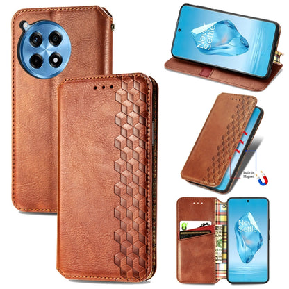 Brown magnetic leather phone case with cubic grid pattern and card slots