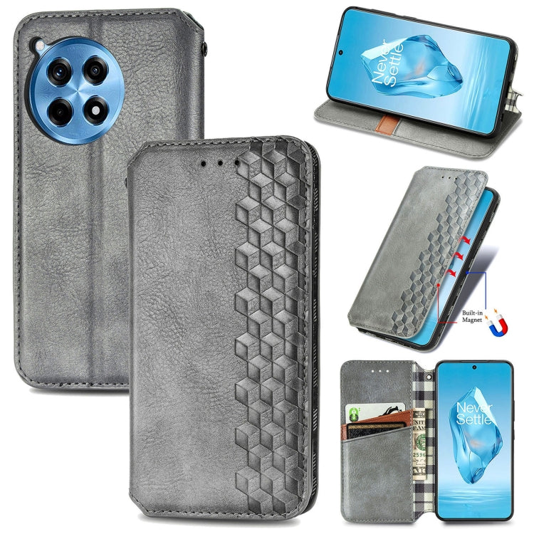 Gray magnetic leather phone case with cubic grid texture and card slots