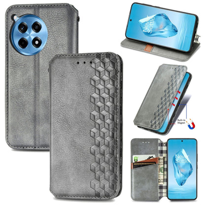 Gray magnetic leather phone case with cubic grid texture and card slots