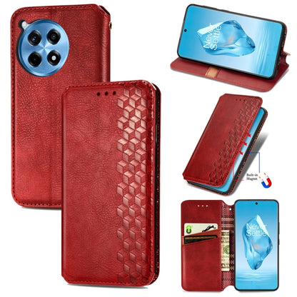 Red magnetic leather phone case shown front and back, cubic grid texture
