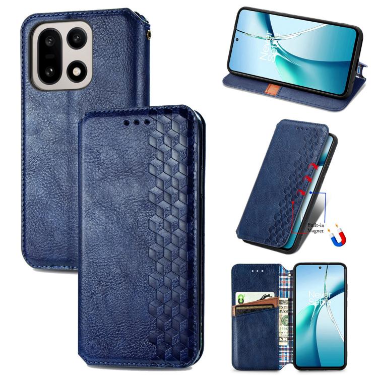 Blue magnetic leather phone case with cubic grid pattern and flip-cover for OnePlus