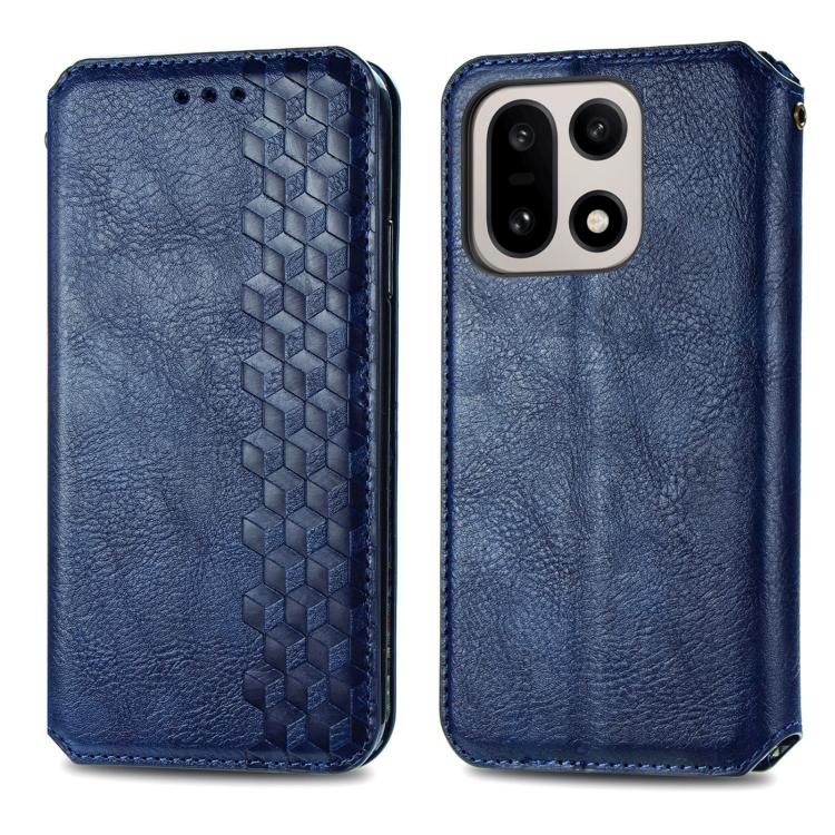 Blue magnetic leather phone case with cubic grid textured front and dual camera cutout