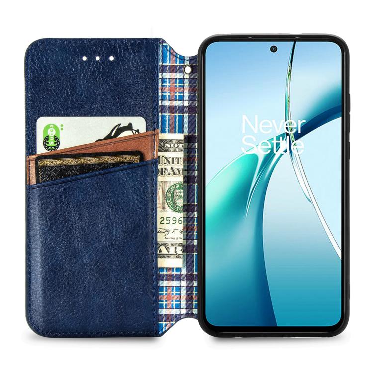 Blue magnetic leather folio phone case with cubic grid texture and card slots
