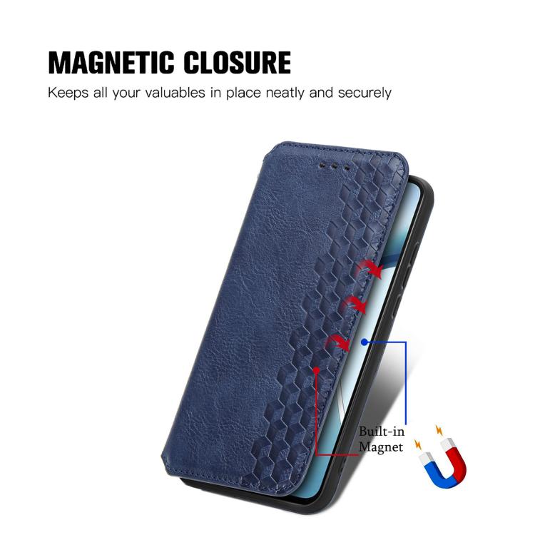 Blue leather phone case with magnetic closure and cubic grid textured cover