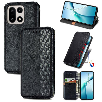 Black magnetic leather phone case with cubic grid textured front and dual camera cutout