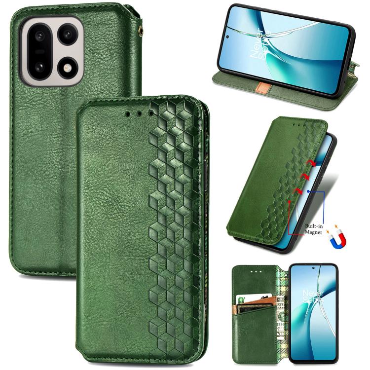 Green magnetic leather phone case with embossed cubic grid pattern and dual camera cutout