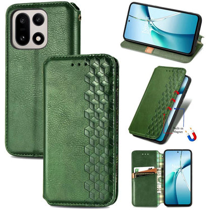 Green magnetic leather phone case with embossed cubic grid pattern and dual camera cutout