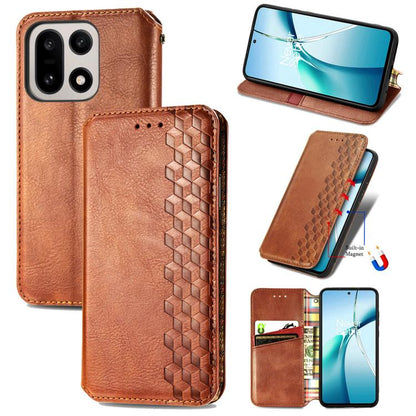 Brown magnetic leather phone case with cubic grid embossed front and dual camera cutout
