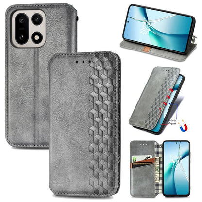 Gray magnetic leather phone case with cubic grid textured front and dual camera cutout