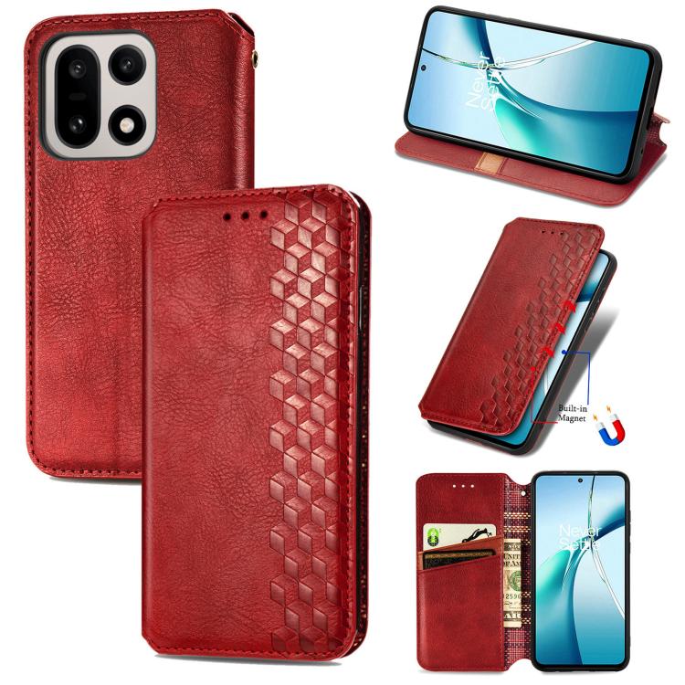 Red magnetic leather phone case with cubic grid texture, card slots and stand