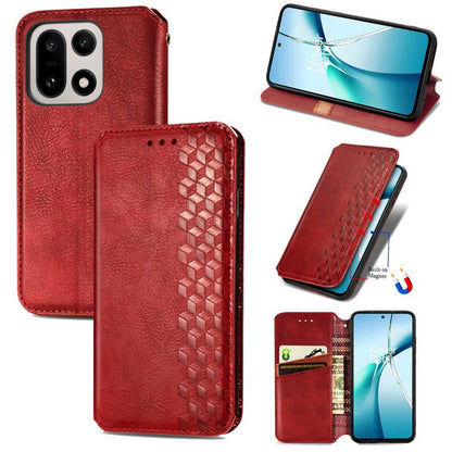 Red magnetic leather phone case with cubic grid texture, card slots and stand