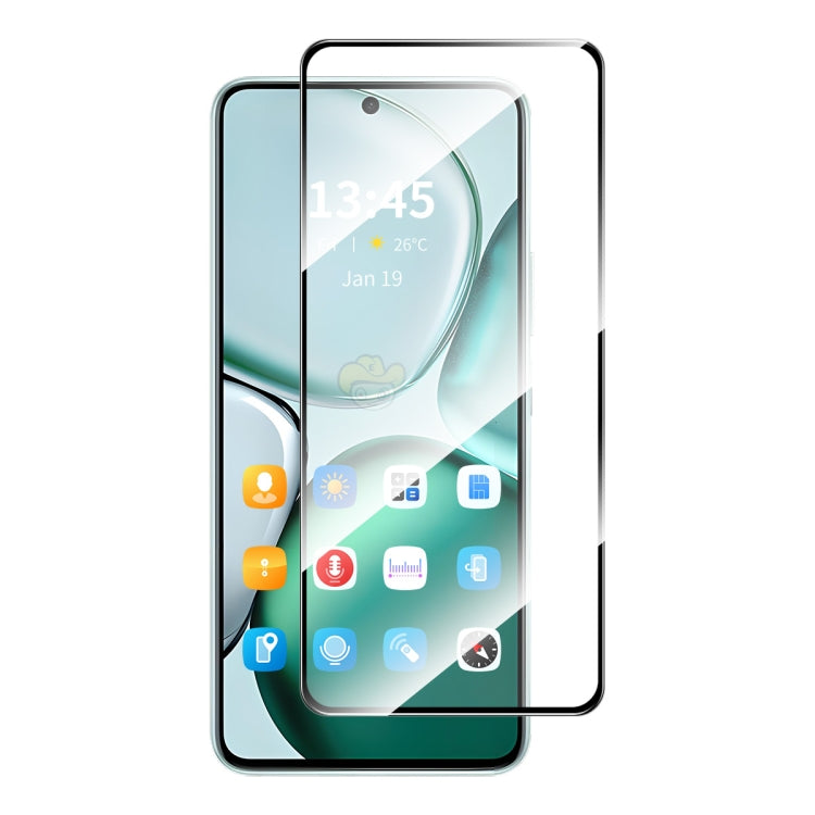 Clear tempered glass screen protector for smartphone, overlay on green display with icons