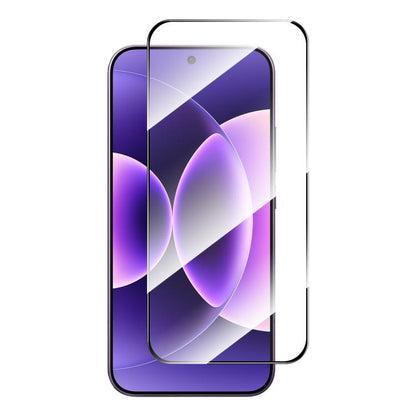 Clear tempered glass screen protector for smartphone, overlay on purple abstract display
