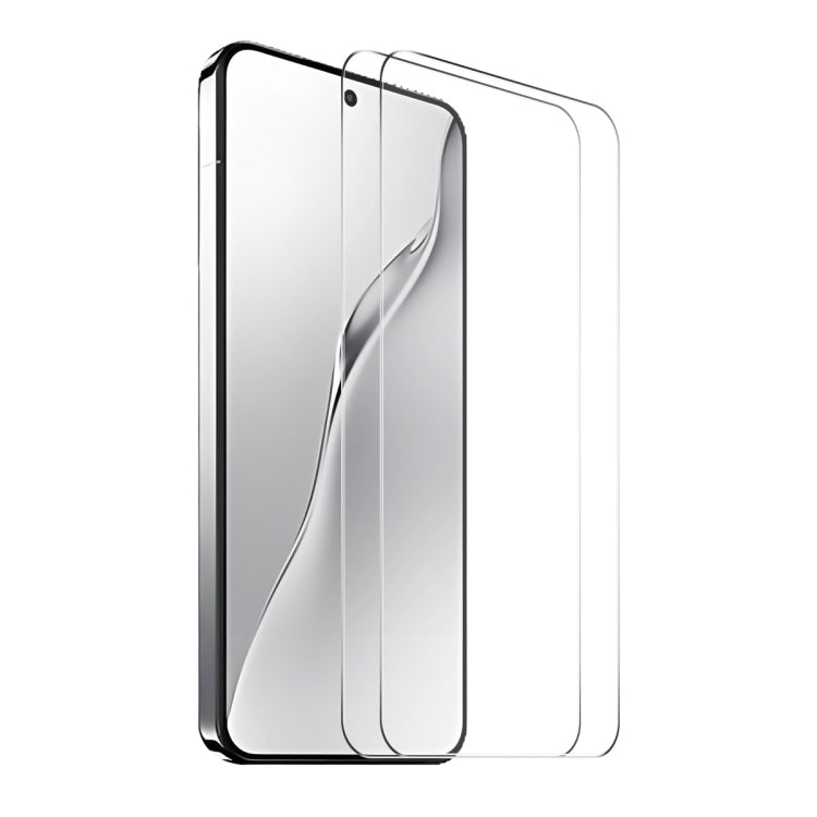 Stack of clear tempered glass screen protectors, thin curved panels, 2-pack