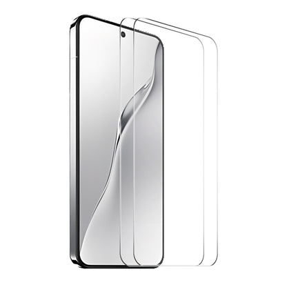 Stack of clear tempered glass screen protectors, thin curved panels, 2-pack
