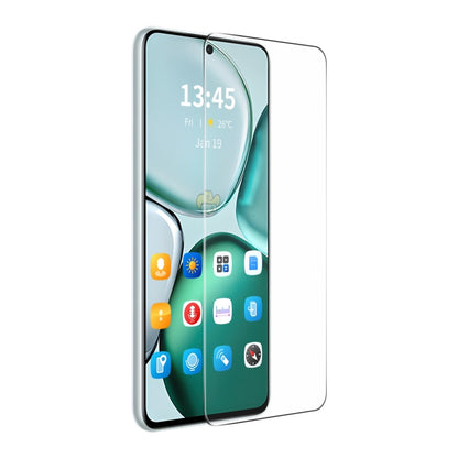 Tempered glass screen protector film on smartphone, lock screen icons through the glass