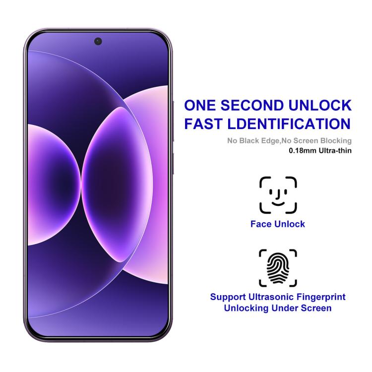 Tempered glass screen protector film applied to a purple smartphone screen