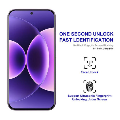 Tempered glass screen protector film applied to a purple smartphone screen