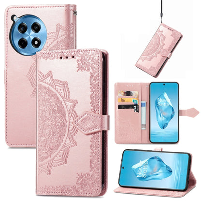 Rose gold mandala embossed leather phone wallet case with card slots and stand strap