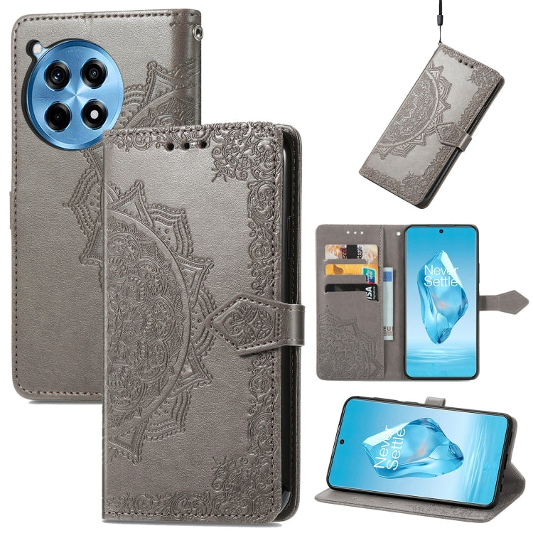 Gray mandala embossed leather phone wallet case with card slots and folio stand strap