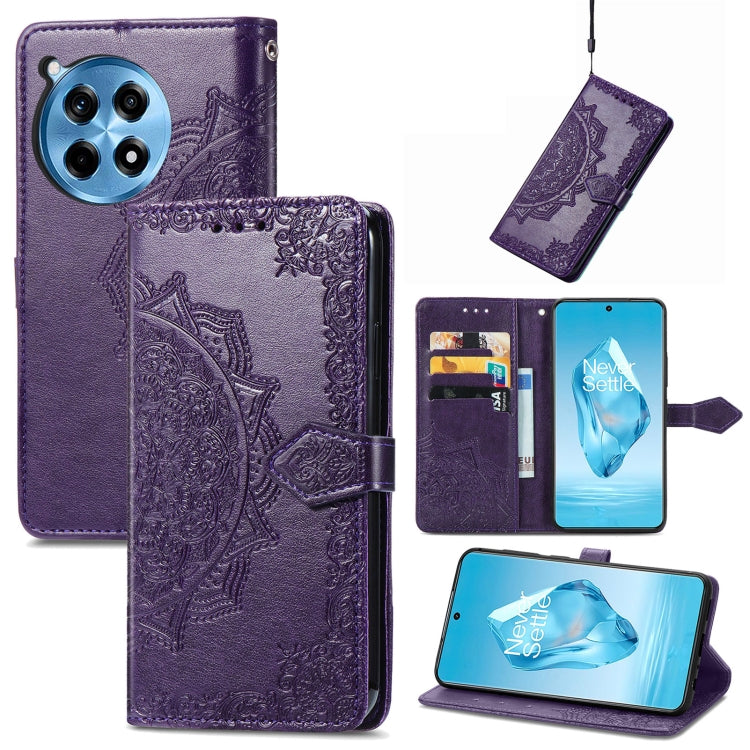 Purple mandala embossed leather phone wallet case with card slots and fold-over stand