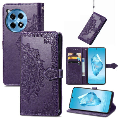 Purple mandala embossed leather phone wallet case with card slots and fold-over stand