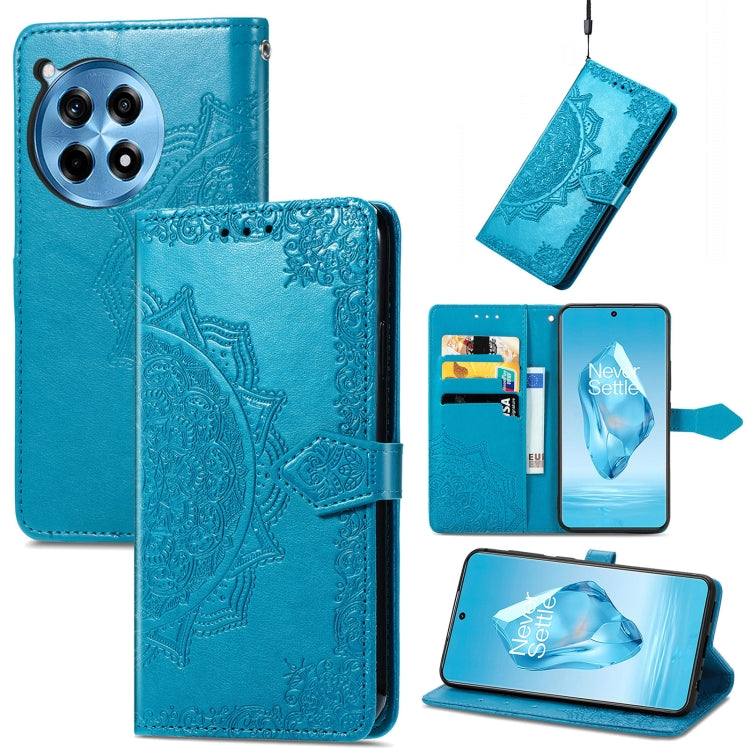 Blue mandala embossed leather phone wallet case with card slots and magnetic folio strap