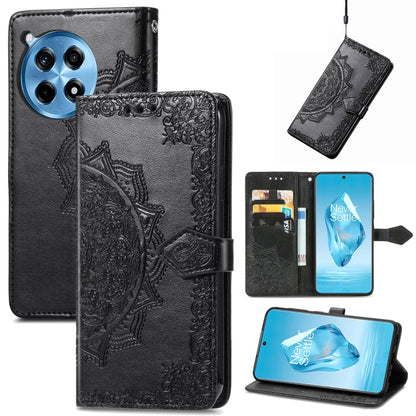 Black mandala embossed leather phone wallet case with card slots and fold-over stand