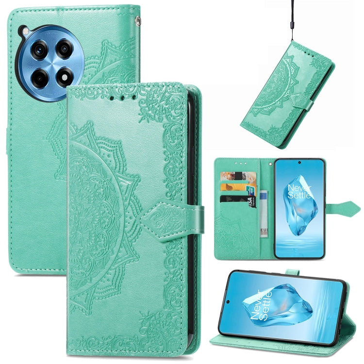 Green mandala embossed leather phone wallet case with card slots and fold-over strap