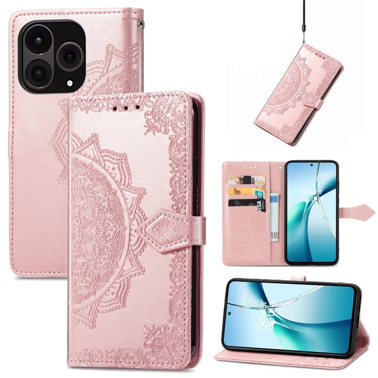 Rose gold embossed mandala leather phone case with flip cover and camera cutouts