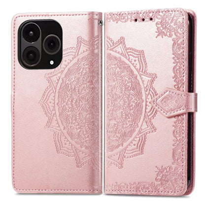 Rose gold embossed mandala folio phone case with magnetic-style strap and camera cutout