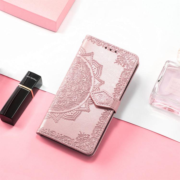 Rose gold embossed mandala leather phone case with flip cover and card slot window