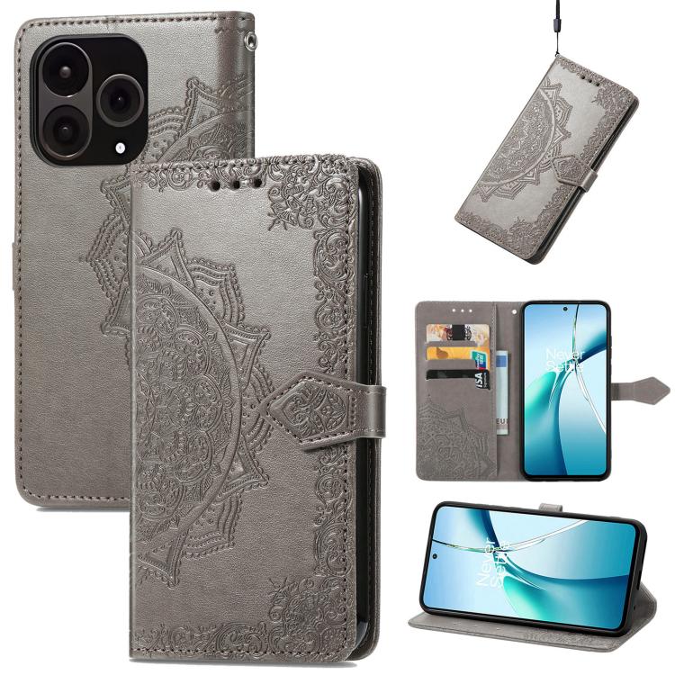 Gray embossed mandala leather phone case with flip cover, card slots, and camera cutouts