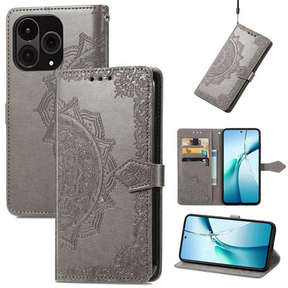 Gray embossed mandala leather phone case with flip cover, card slots, and camera cutouts