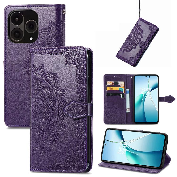 Purple embossed mandala leather phone case with flip cover and camera cutouts