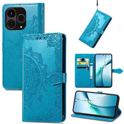 Blue embossed mandala leather phone case with flip cover and camera cutouts